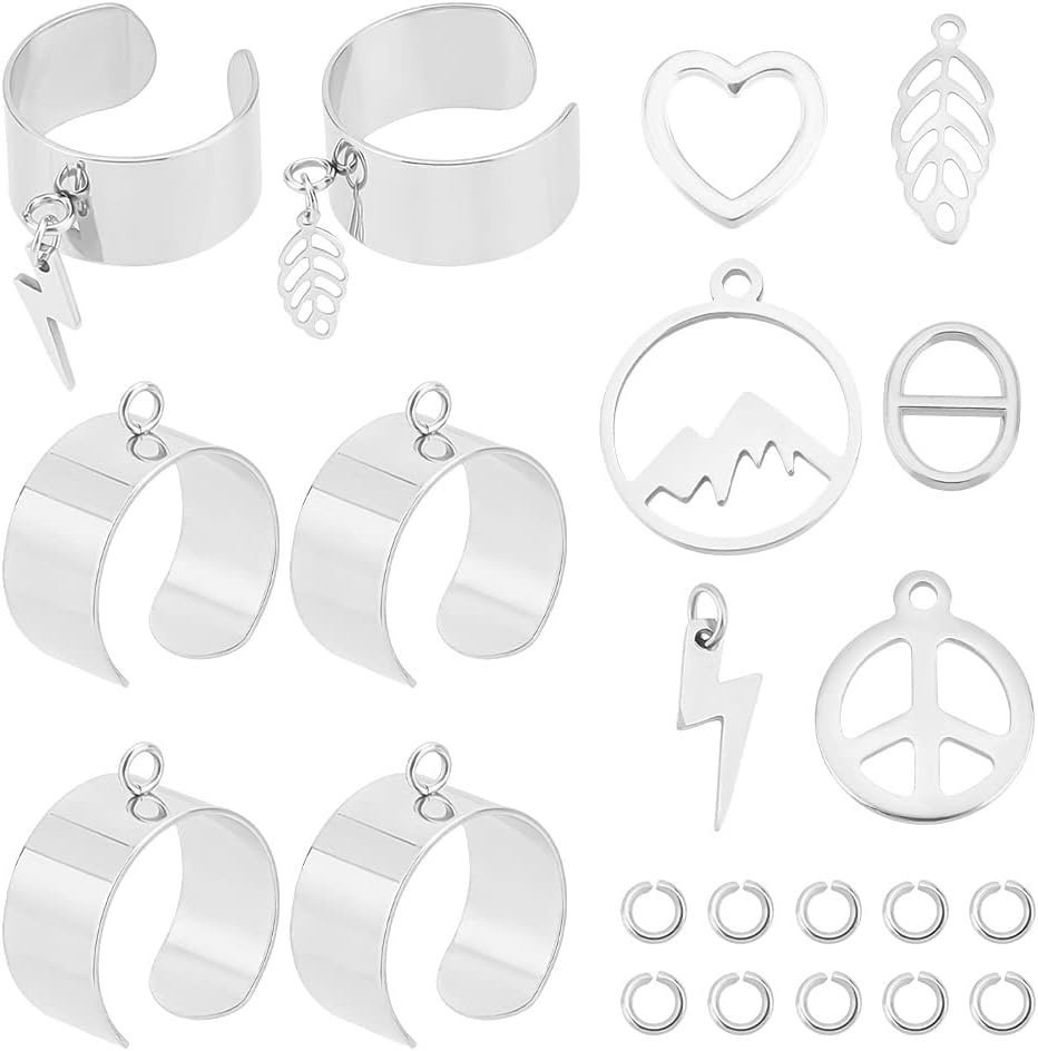Charm Cuff Ring Making Kit – Stainless Steel Open Ring Bases with Mountain, Peace Sign, Heart & Leaf Charms