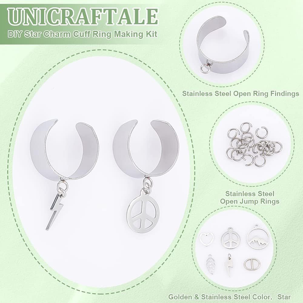 Charm Cuff Ring Making Kit – Stainless Steel Open Ring Bases with Mountain, Peace Sign, Heart & Leaf Charms