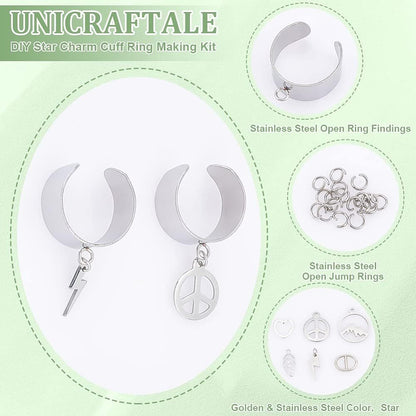 Charm Cuff Ring Making Kit – Stainless Steel Open Ring Bases with Mountain, Peace Sign, Heart & Leaf Charms
