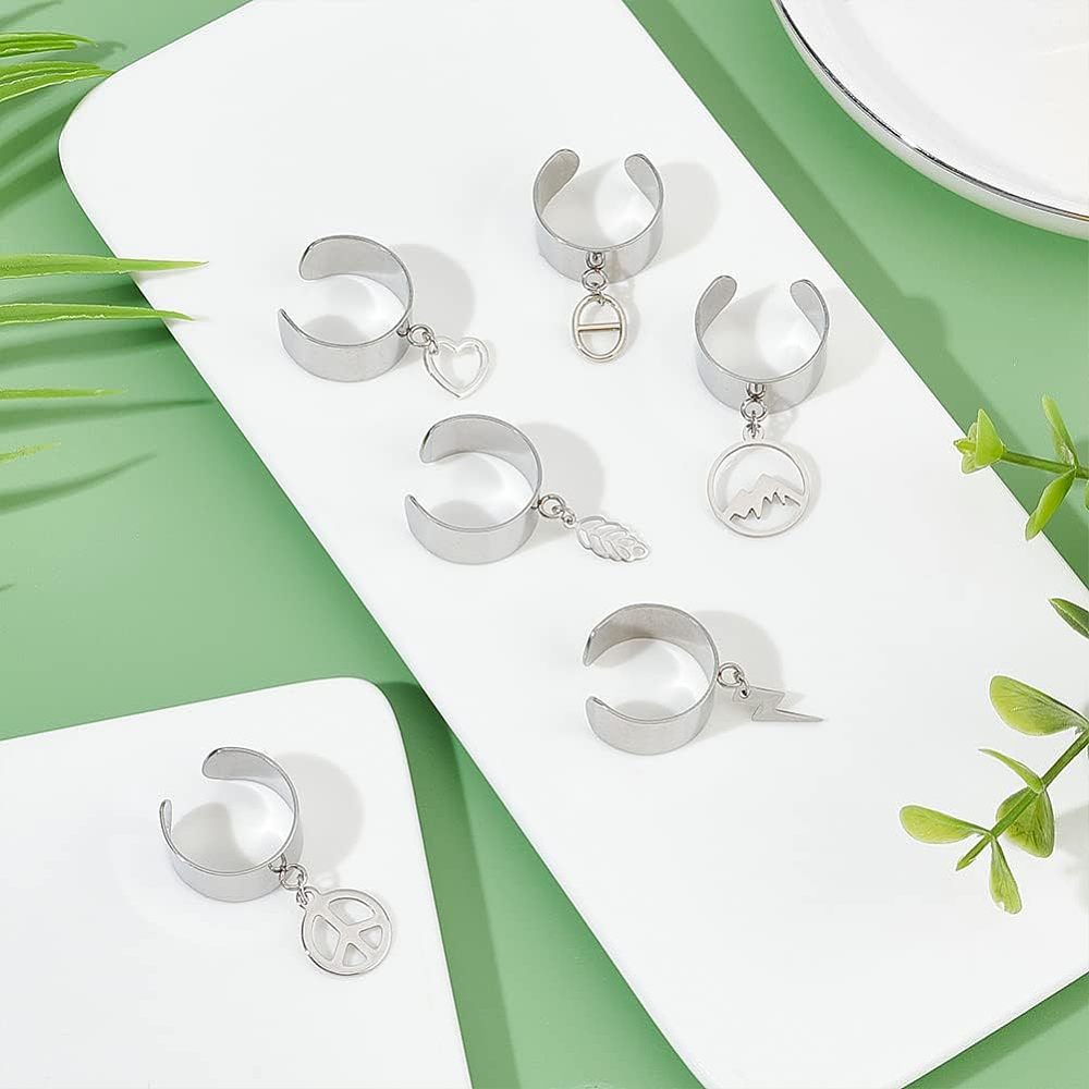 Charm Cuff Ring Making Kit – Stainless Steel Open Ring Bases with Mountain, Peace Sign, Heart & Leaf Charms