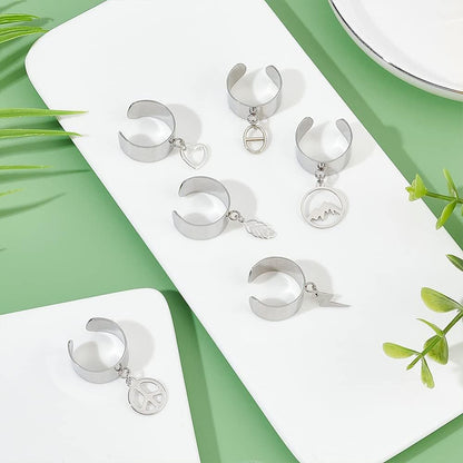 Charm Cuff Ring Making Kit – Stainless Steel Open Ring Bases with Mountain, Peace Sign, Heart & Leaf Charms