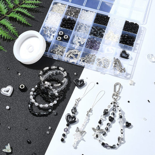 Mobile Phone Strap Making Kit – Alloy, Glass & Acrylic Beads, Black Set