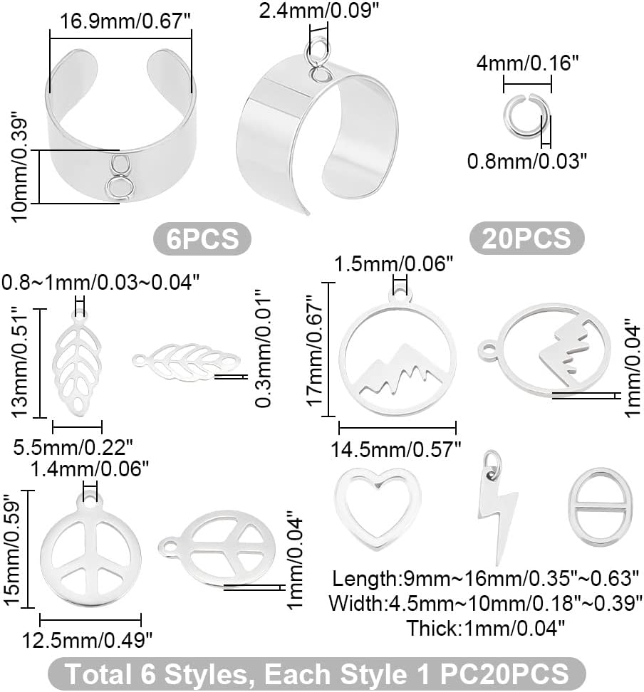 Charm Cuff Ring Making Kit – Stainless Steel Open Ring Bases with Mountain, Peace Sign, Heart & Leaf Charms