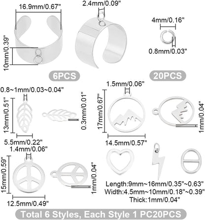 Charm Cuff Ring Making Kit – Stainless Steel Open Ring Bases with Mountain, Peace Sign, Heart & Leaf Charms