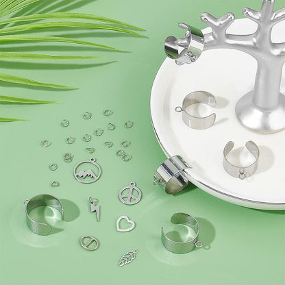 Charm Cuff Ring Making Kit – Stainless Steel Open Ring Bases with Mountain, Peace Sign, Heart & Leaf Charms