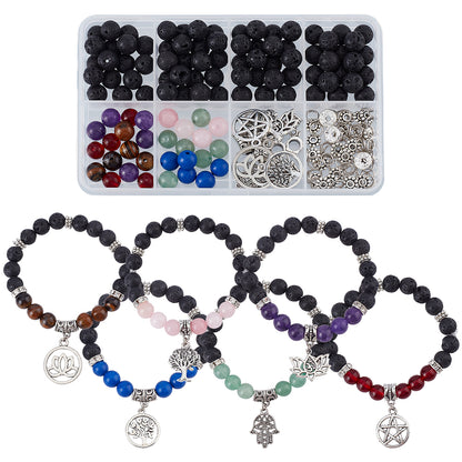 Yoga Bracelet Kit – Mixed Gemstone Round Beads with Tree of Life, Star, Lotus & Hamsa Pendants