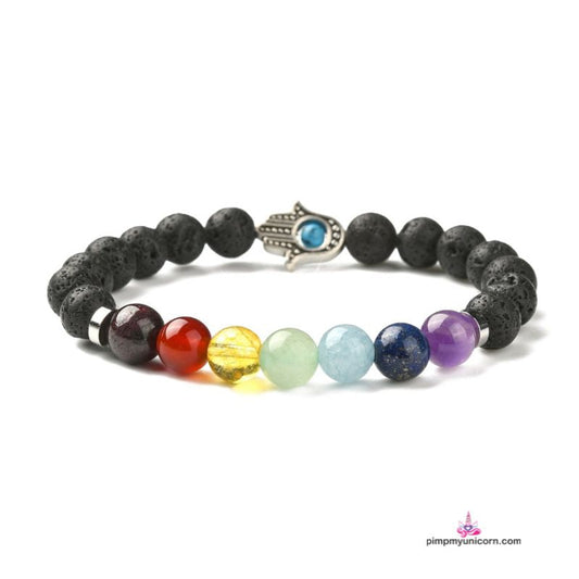 Chakra Lava Stone Bracelet with Protection Hamsa Hand