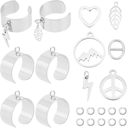 Charm Cuff Ring Making Kit – Stainless Steel Open Ring Bases with Mountain, Peace Sign, Heart & Leaf Charms