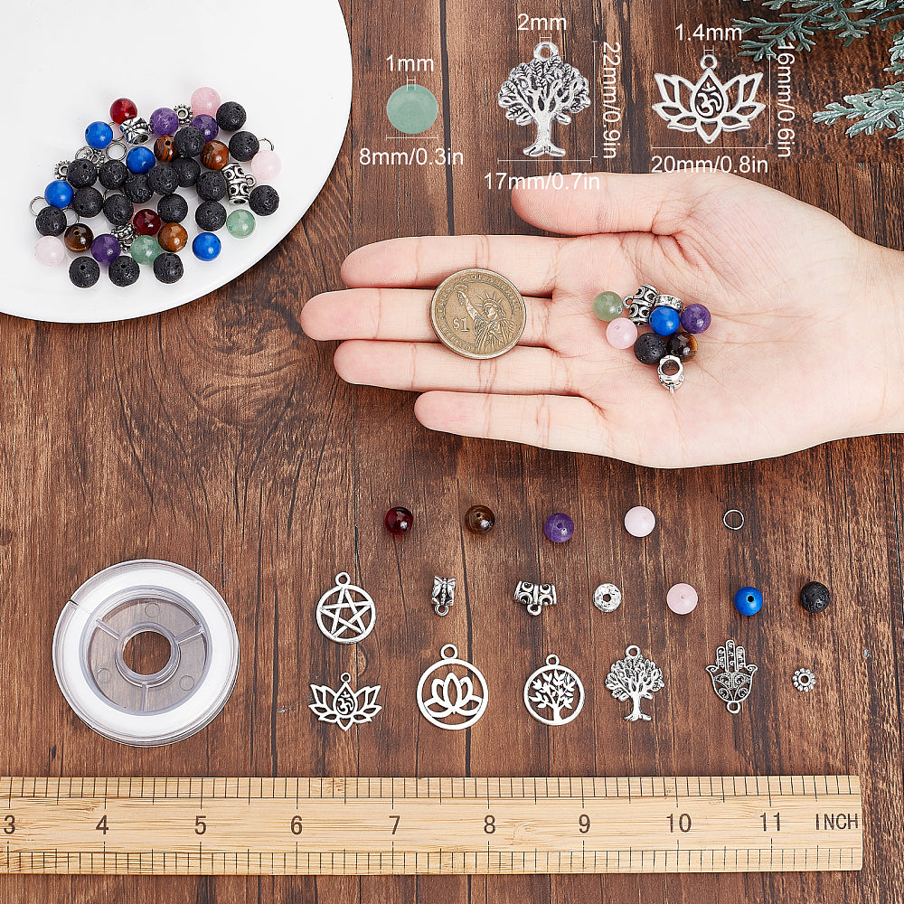 Yoga Bracelet Kit – Mixed Gemstone Round Beads with Tree of Life, Star, Lotus & Hamsa Pendants