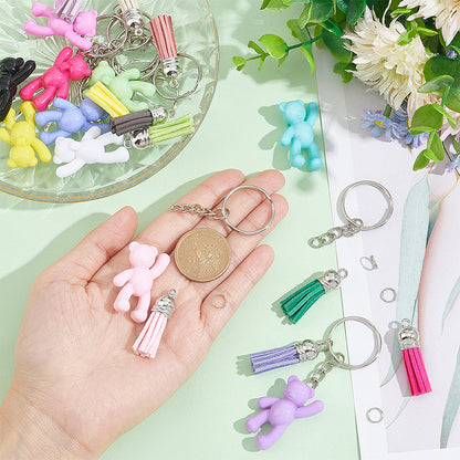 Acrylic Bear Keychain Making Kit – Mixed Colours with Faux Suede Tassels & Iron Findings (Box Set)